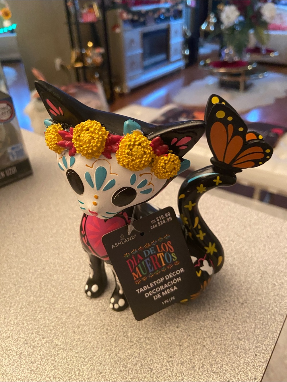 Ashland Black & White Dia de los Muertos Cat Figurine with Yellow Flower Crown